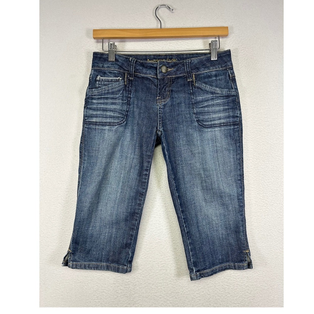Y2K Indie American Eagle Womens‎ 2 Blue Denim Stretch Capri Crop Pants Slit Hem
